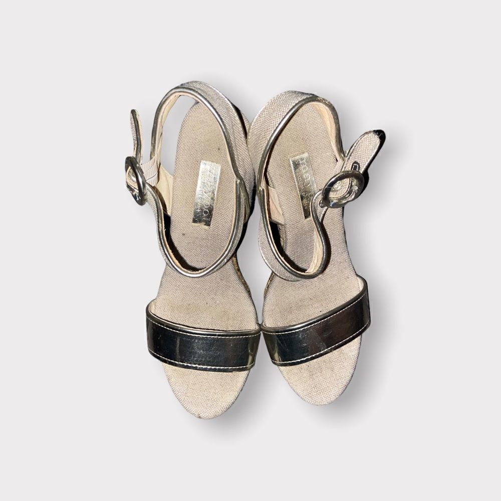 Maypol Gold Leather and Linen Espadrille Wedge Sandals Size 5.5